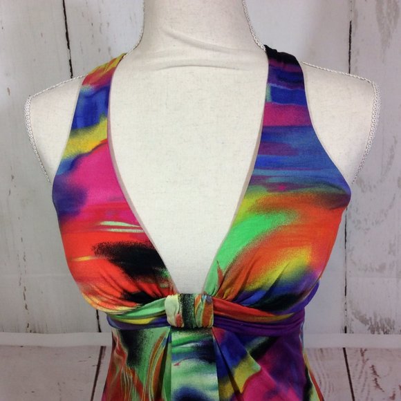 NWT Cache Halter Dress Sexy Knit Colorful Plunge Neck Tropical Bodycon Size 10 - Picture 6 of 13